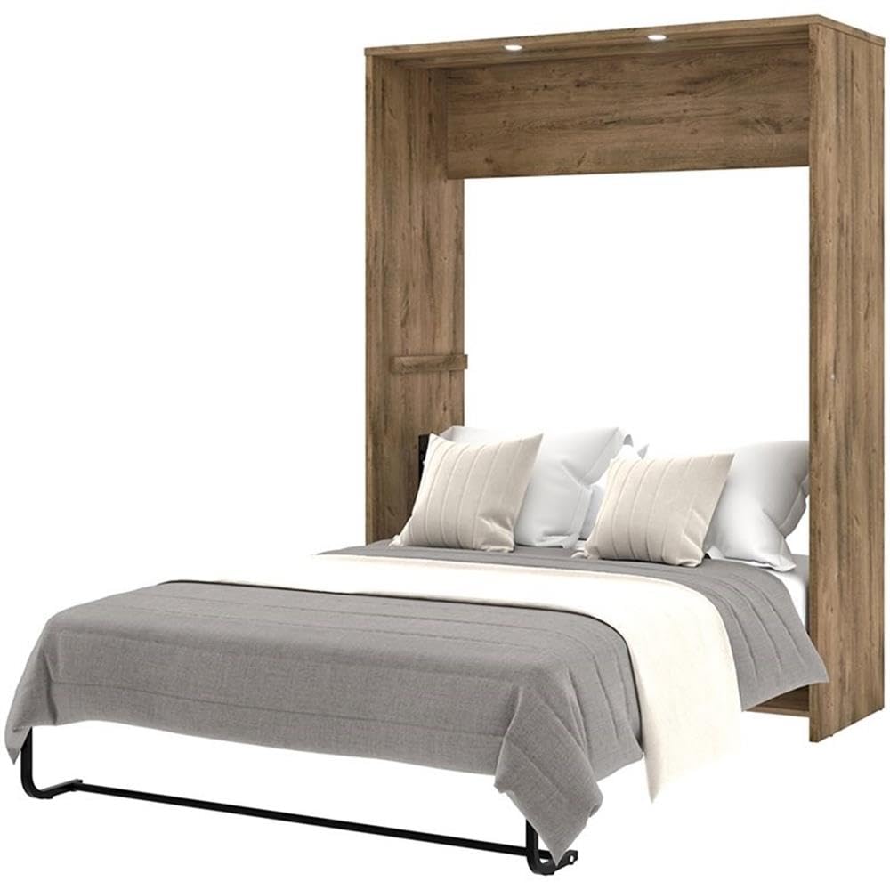 Atlin Designs 60-Inch Wide Contemporary Wood Full Murphy Bed in Rustic Brown & White - Space-Saving Wall Bed for Small Apartments, Guest Rooms & Home Offices