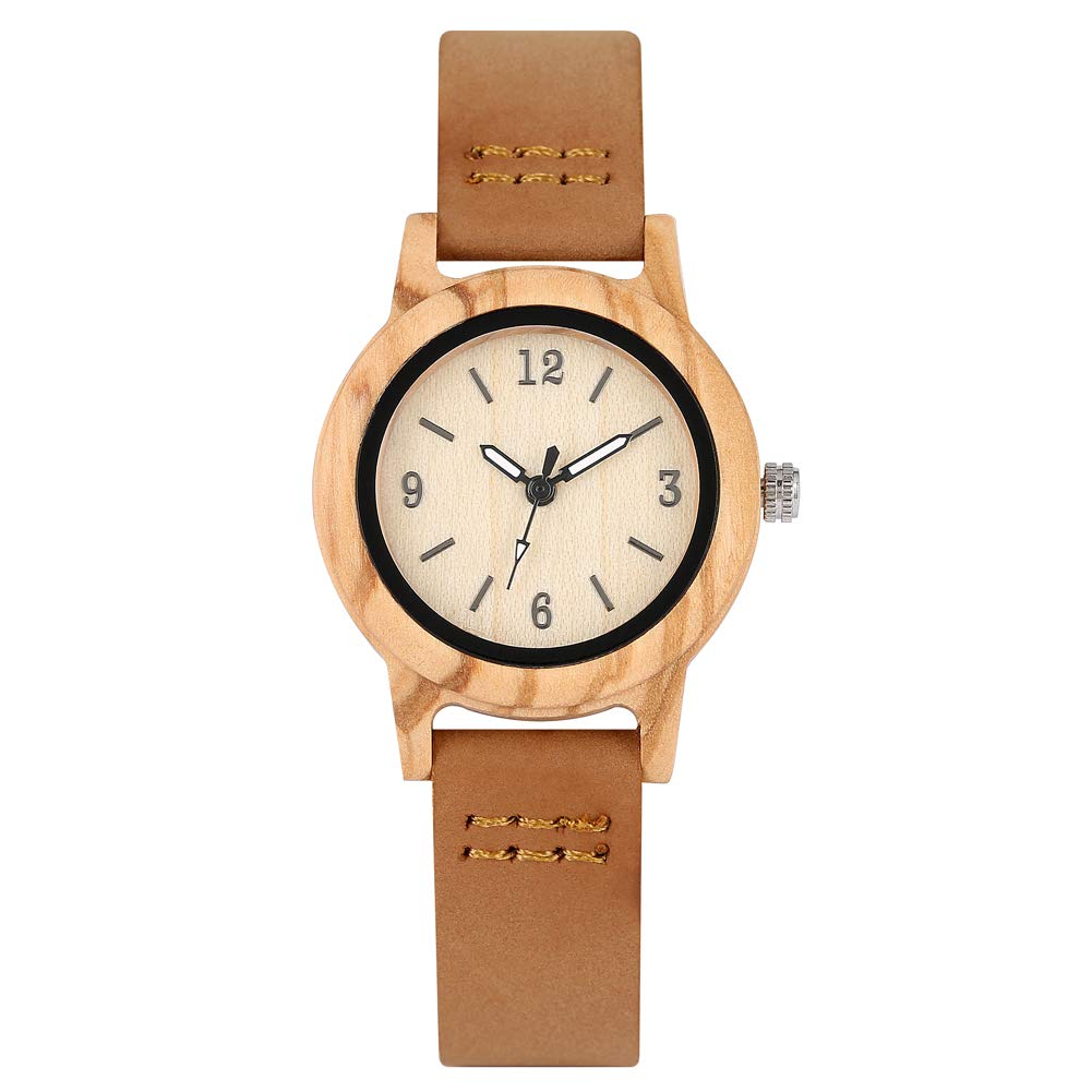 Classic Brown Wooden Watch for Women - Handcrafted Leather Strap, Small Arabic Numerals Dial - Perfect for Casual, Office & Outdoor Activities