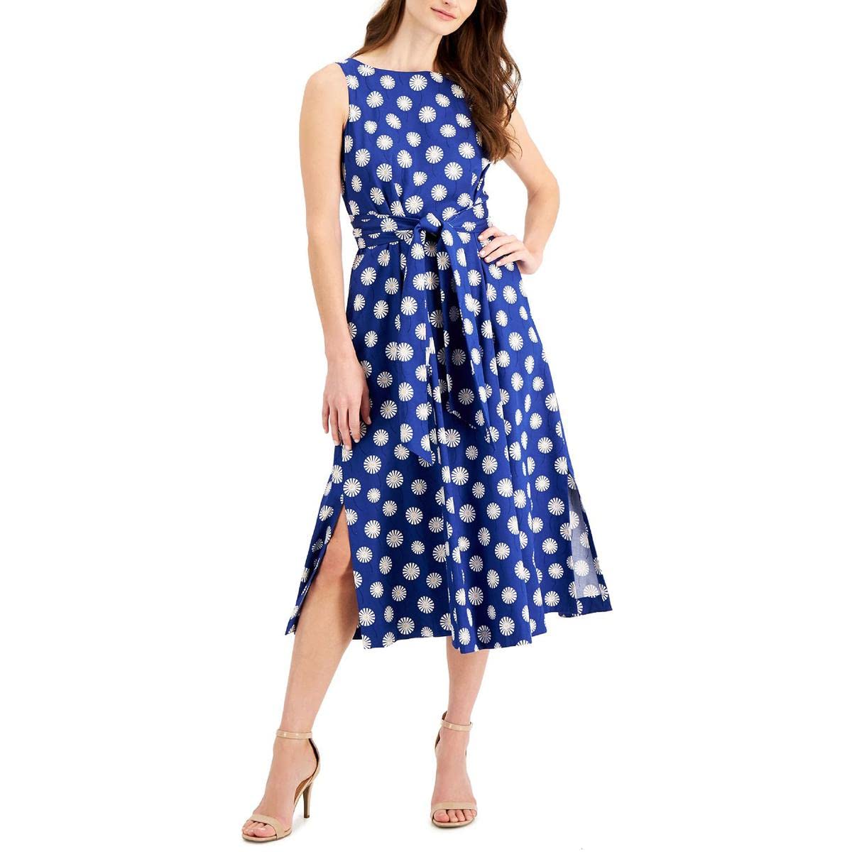 Anne Klein Women's Cotton Midi Dress with Adjustable Sash - Flowy Summer Dress for Casual Outings, Office Wear & Special Occasions