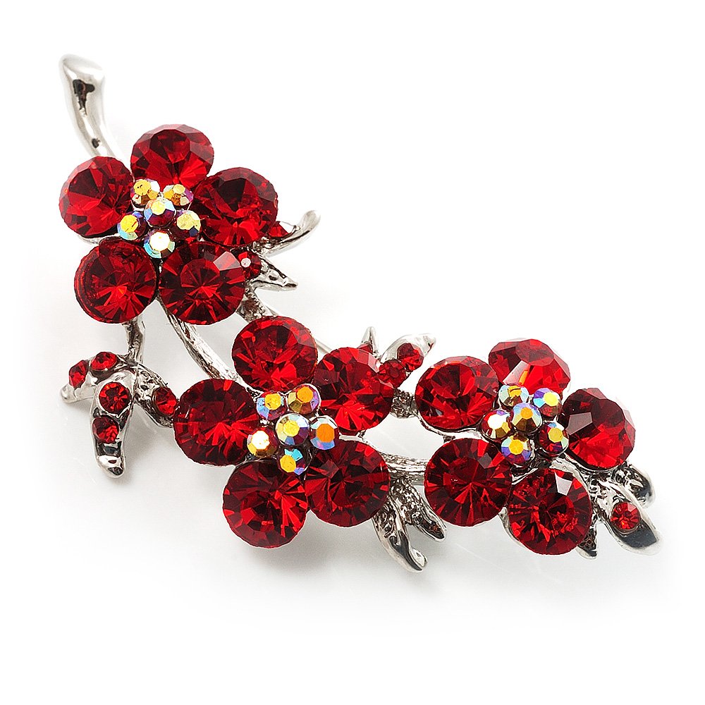 Elegant Silver & Bright Red Crystal Floral Brooch - Perfect for Weddings, Prom, Evening Dresses & Special Occasions