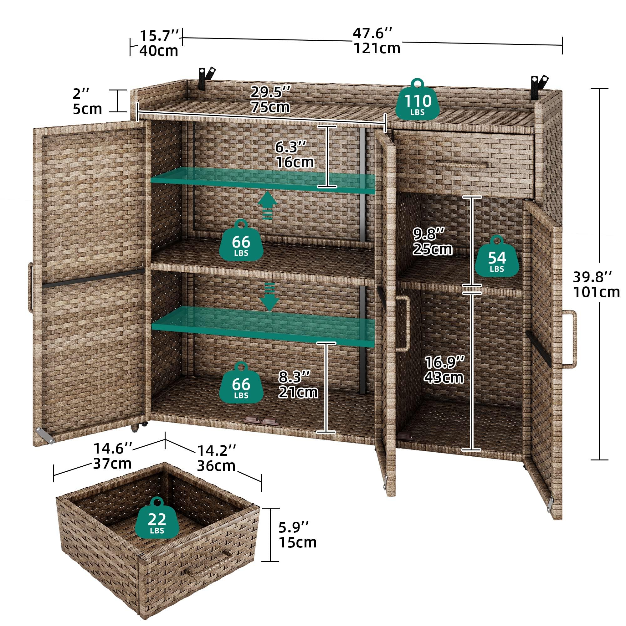 YITAHOME Outdoor Storage Cabinet - Weatherproof Rattan Bar Table with 2 Doors, Adjustable Shelves & Foldable Drawer - Wicker Patio Storage Box for Cushions, Pool & Garden Tools - Brown - Perfect for Backyard, Deck, and Poolside Organization