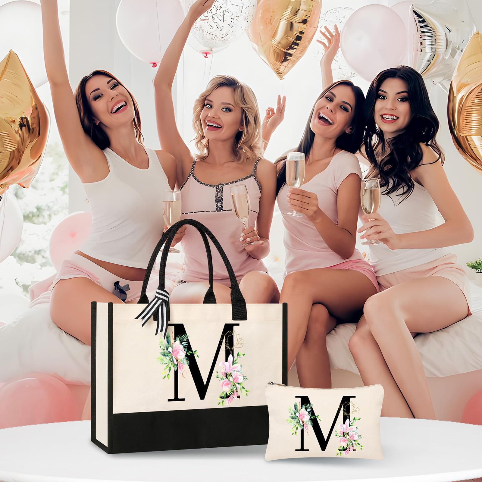 Personalized Monogram Canvas Beach Bag - Custom Initial Cosmetic & Makeup Tote for Women - Perfect Gift for Sister, Mom, Teacher & Bridesmaid - Great for Beach Trips, Travel & Daily Use (Medium Size)