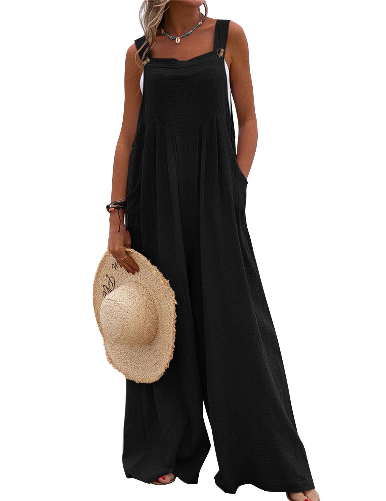 Flygo Women's Sleeveless Culotte Jumpsuit - Wide Leg Loose Overalls, Comfortable Baggy Romper for Summer, Beach, Vacation & Casual Outings