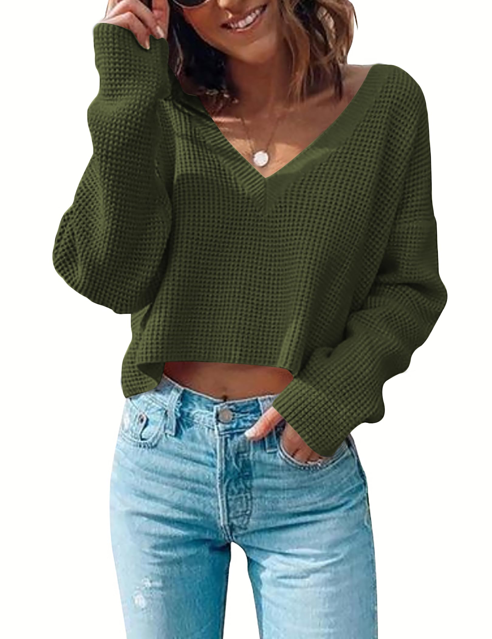 Zeagoo Women's Long Sleeve Waffle Knit Cropped Top - Fashion V-Neck Casual T-Shirt for Layering, Fall Outfits & Everyday Wear