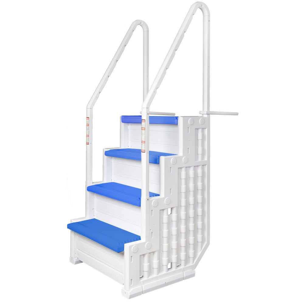 Aqua Select Everest Above Ground Pool Steps - White & Blue Safety Stairs for Swimming Pools (48-54 Inch Deck Mount) | 350 lb Weight Capacity | Perfect for Backyard, Inground & Outdoor Pool Access