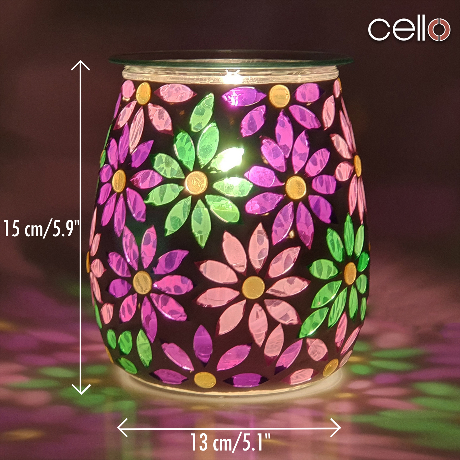 Premium Cello Electric Wax Warmer with Mosaic Glass Design - Pretty Petals Scented Wax Melter for Home, Office & Spa Relaxation