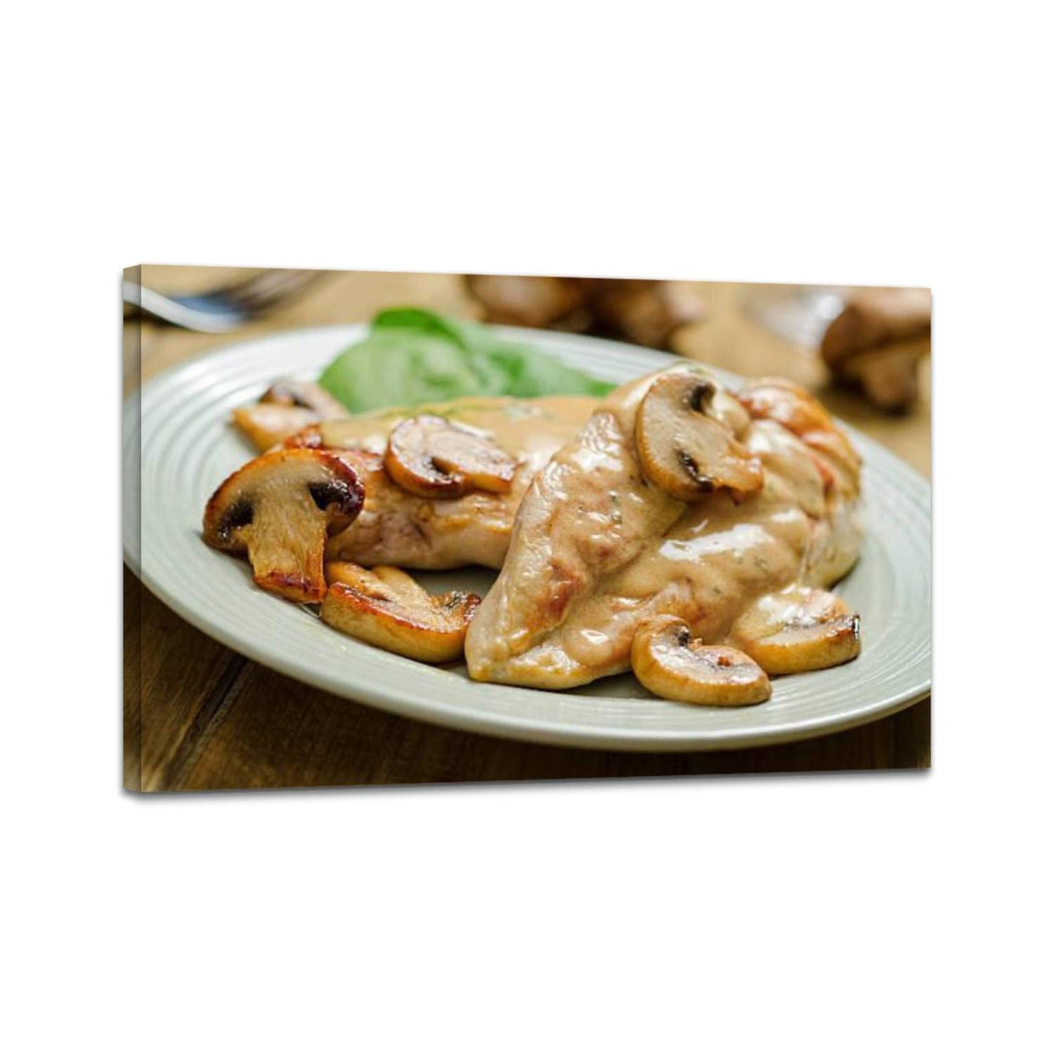Chicken with White Wine and Mushroom Sauce Framed Canvas Wall Art - Modern Kitchen & Dining Room Decor, Bedroom & Living Room Paintings, Home Office Posters - Perfect for Farmhouse, French Country & Rustic Interior Design Styles