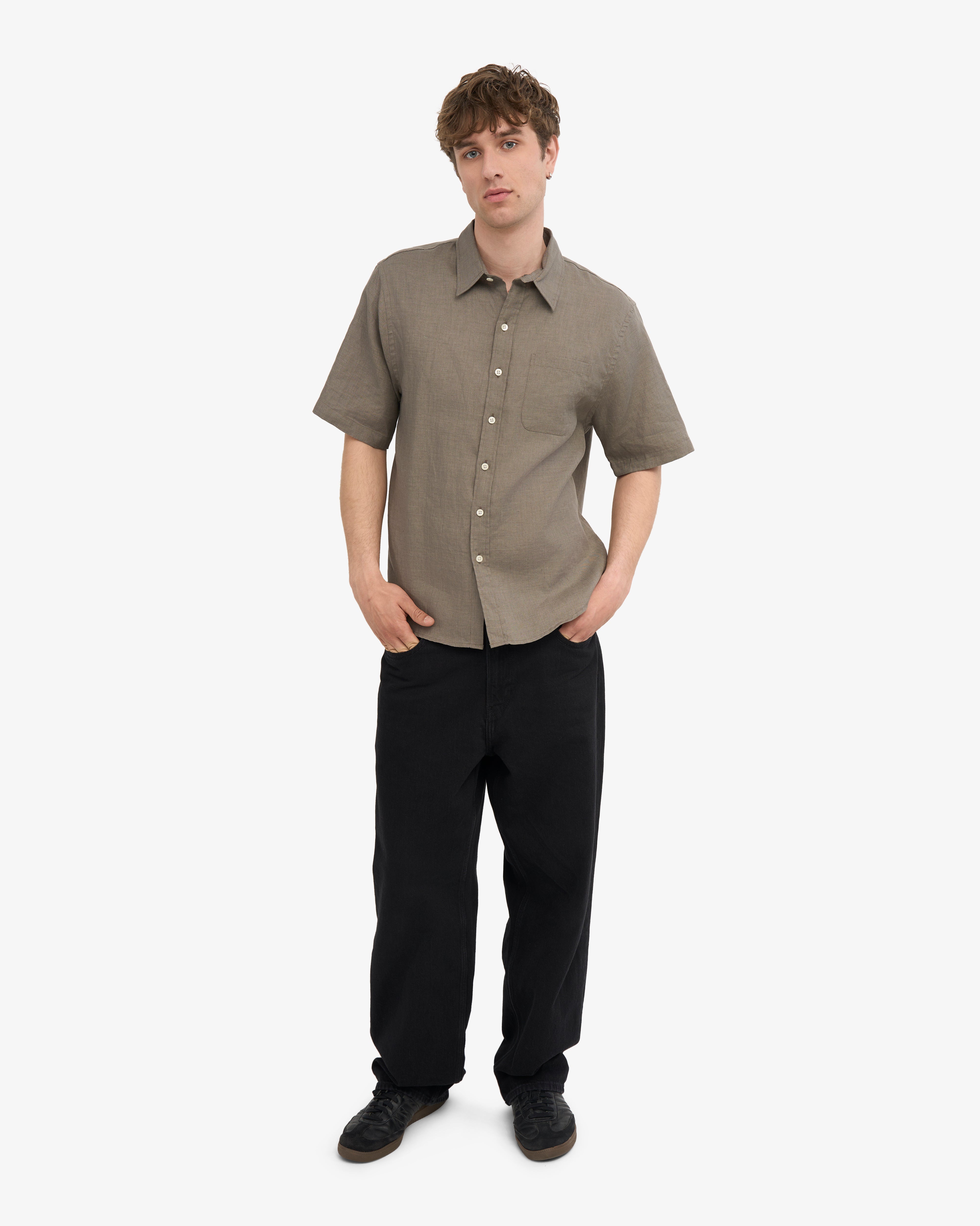 Premium Linen Short Sleeve Shirt for Men - Dusty Olive | Breathable & Comfortable Summer Casual Wear for Outdoor Activities & Travel