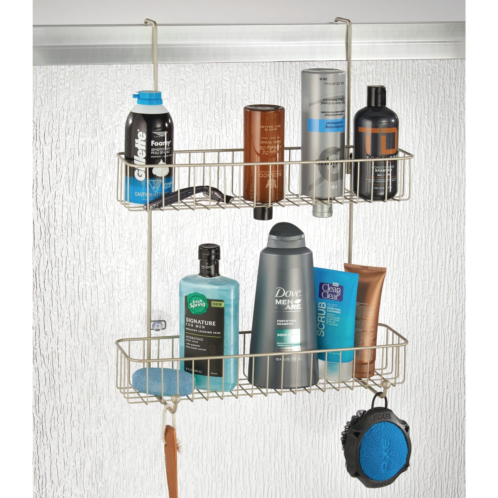 mDesign Extra Wide Metal Wire Over The Shower Door Caddy - 2-Tier Hanging Bathroom Storage Organizer with Built-in Hooks & Baskets for Shampoo, Body Wash, Loofahs - Satin Finish - Perfect for Small Bathrooms & Space-Saving Shower Organization