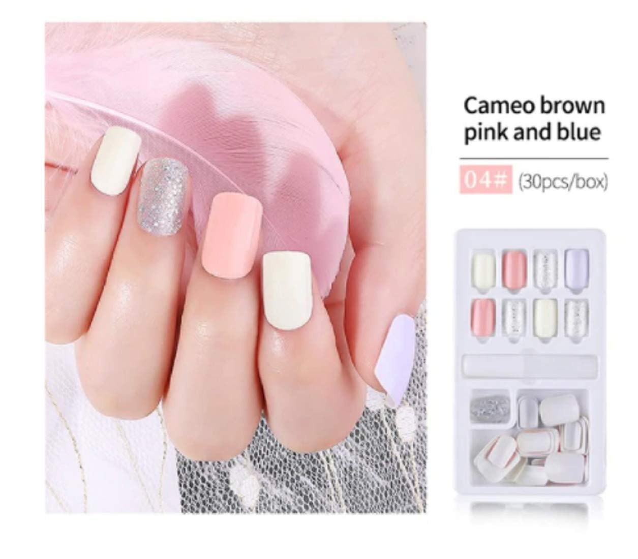 30 Pcs Press On Nails Set - Nude White Silver UV Gel Glossy Fake Artificial Nails with Glue & Stickers | Easy DIY Nail Extensions for Women | Perfect for Parties, Weddings & Everyday Wear