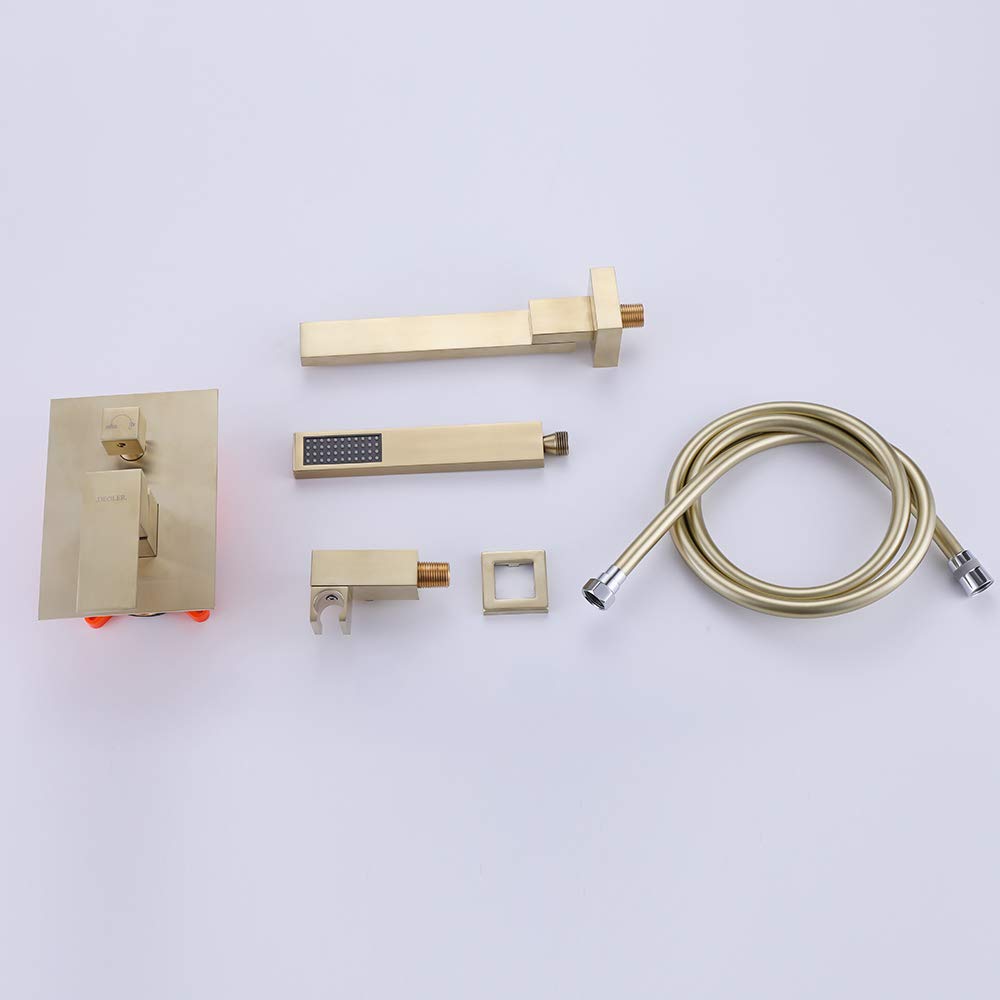 Solid Brass Wall Mounted Bathtub Faucet with 180° Swivel Handheld Shower - Modern Single Handle Bathroom Tub Filler Set in Brushed Gold Finish | Perfect for Spa-Like Bathing Experience and Small Bathroom Spaces
