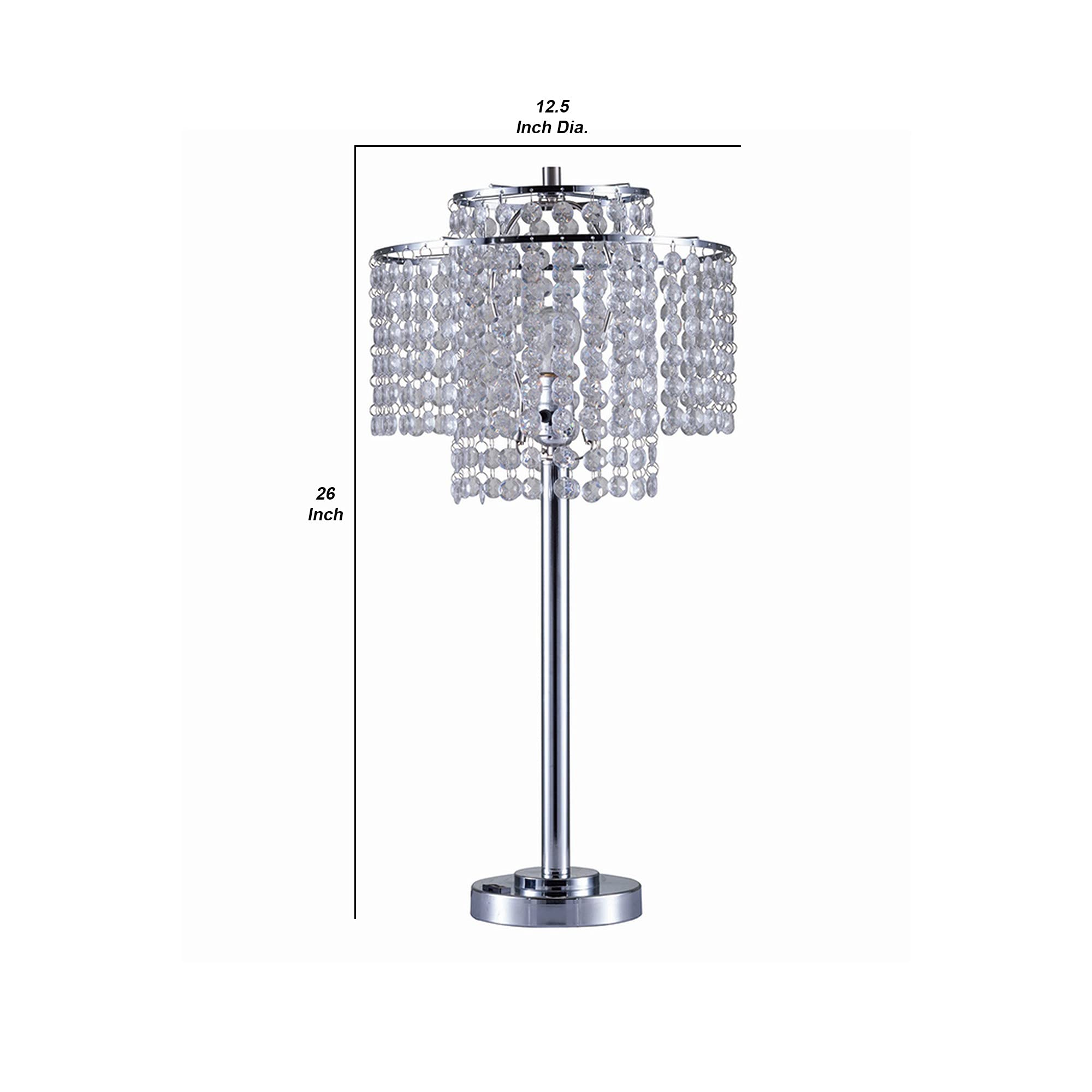 Benjara Modern Silver Metal Table Lamp with Hanging Acrylic Beads & USB Charging Port - Elegant Bedside Lighting for Bedroom, Living Room, or Office Decor