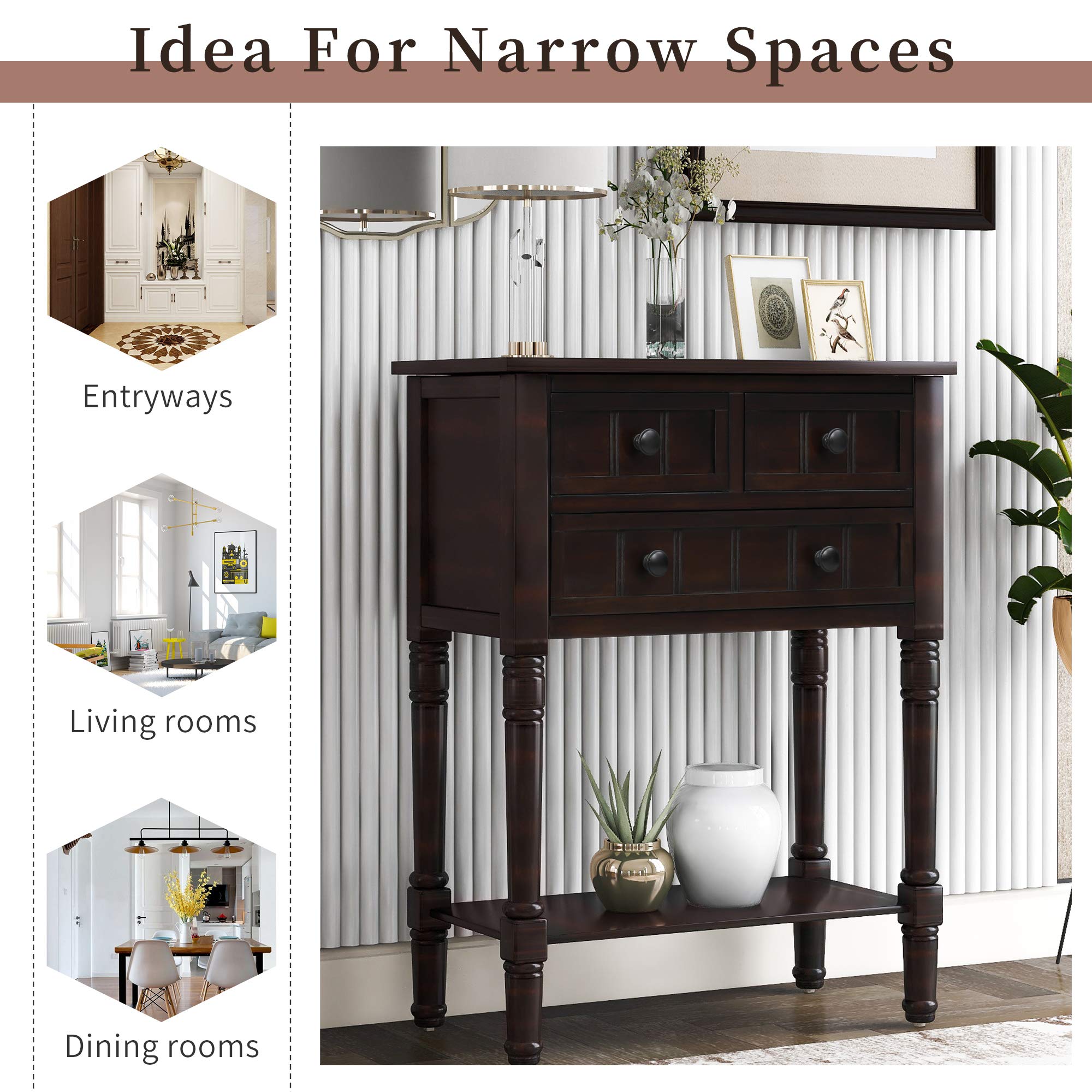 Narrow Console Table with 4 Storage Drawers & Bottom Shelf - Solid Wood Sofa Table, Entryway Table for Living Room, Hallway - Easy Assembly (Espresso-1) | Perfect for Small Spaces, Behind Sofas & Entryway Organization