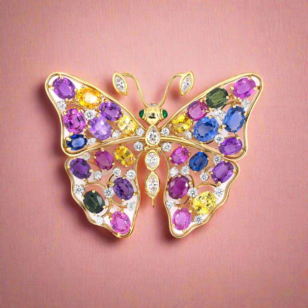 Oscar Heyman Multi Gemstone Butterfly Brooch Pin - Elegant Jewelry for Women, Perfect for Weddings, Parties & Special Occasions
