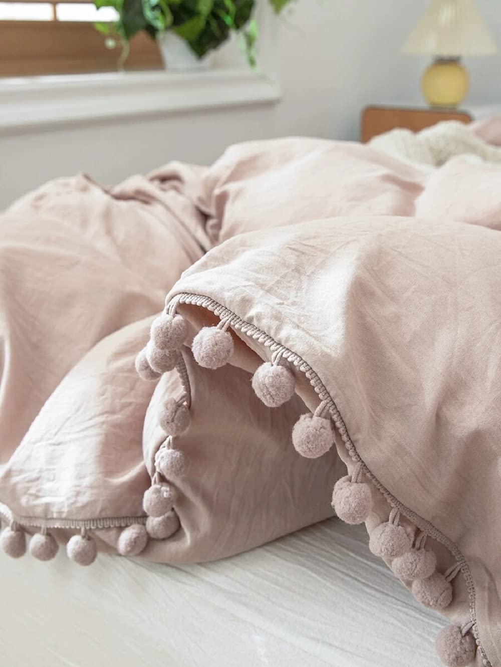Boho Duvet Cover Set - King/Queen Size Beige Tassel Bedding for Cozy Bedroom