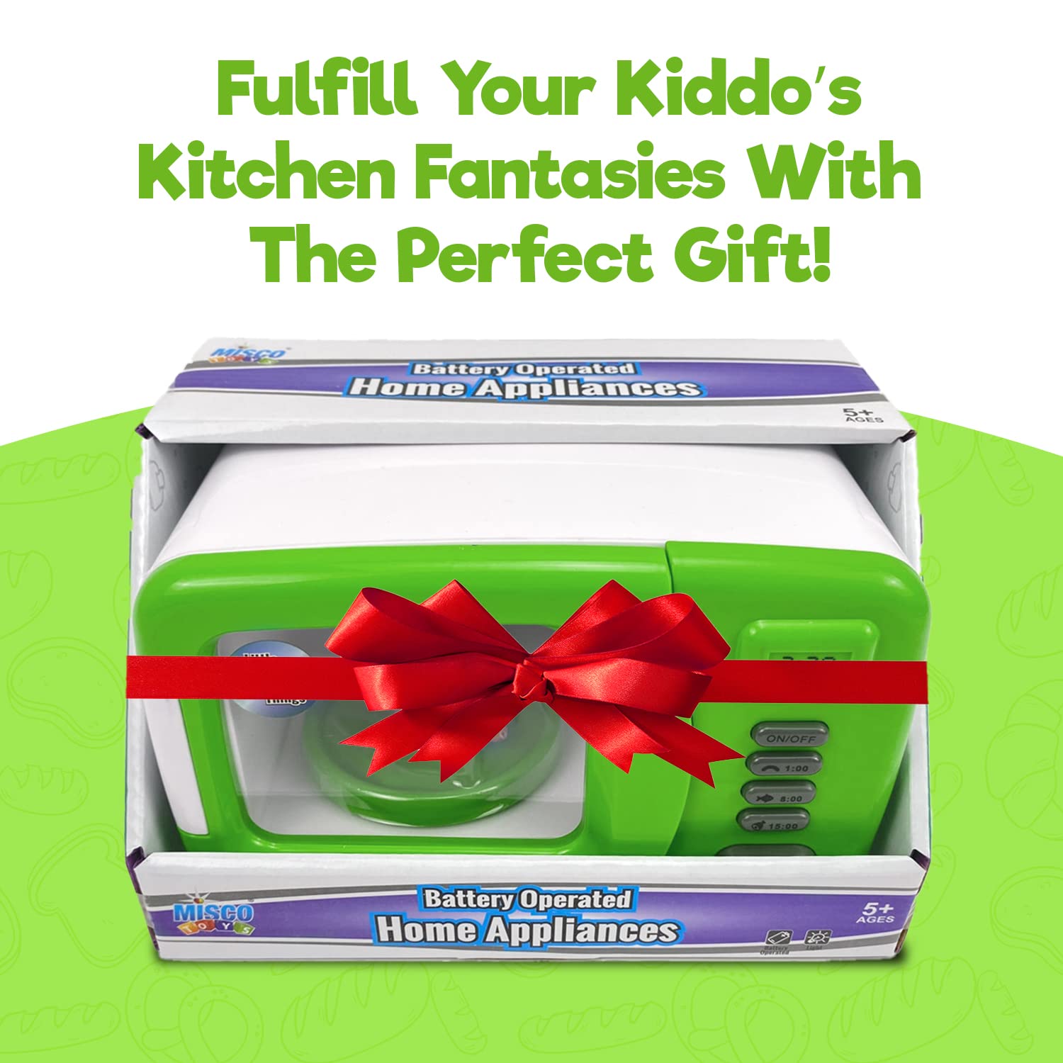 Misco Toys Kids Pretend Play Microwave Oven Toy Set with Realistic Lights & Sounds - Green Kitchen Appliances for Toddlers Ages 3+ | Fun Cooking Role Play for Preschoolers & Early Learning Development