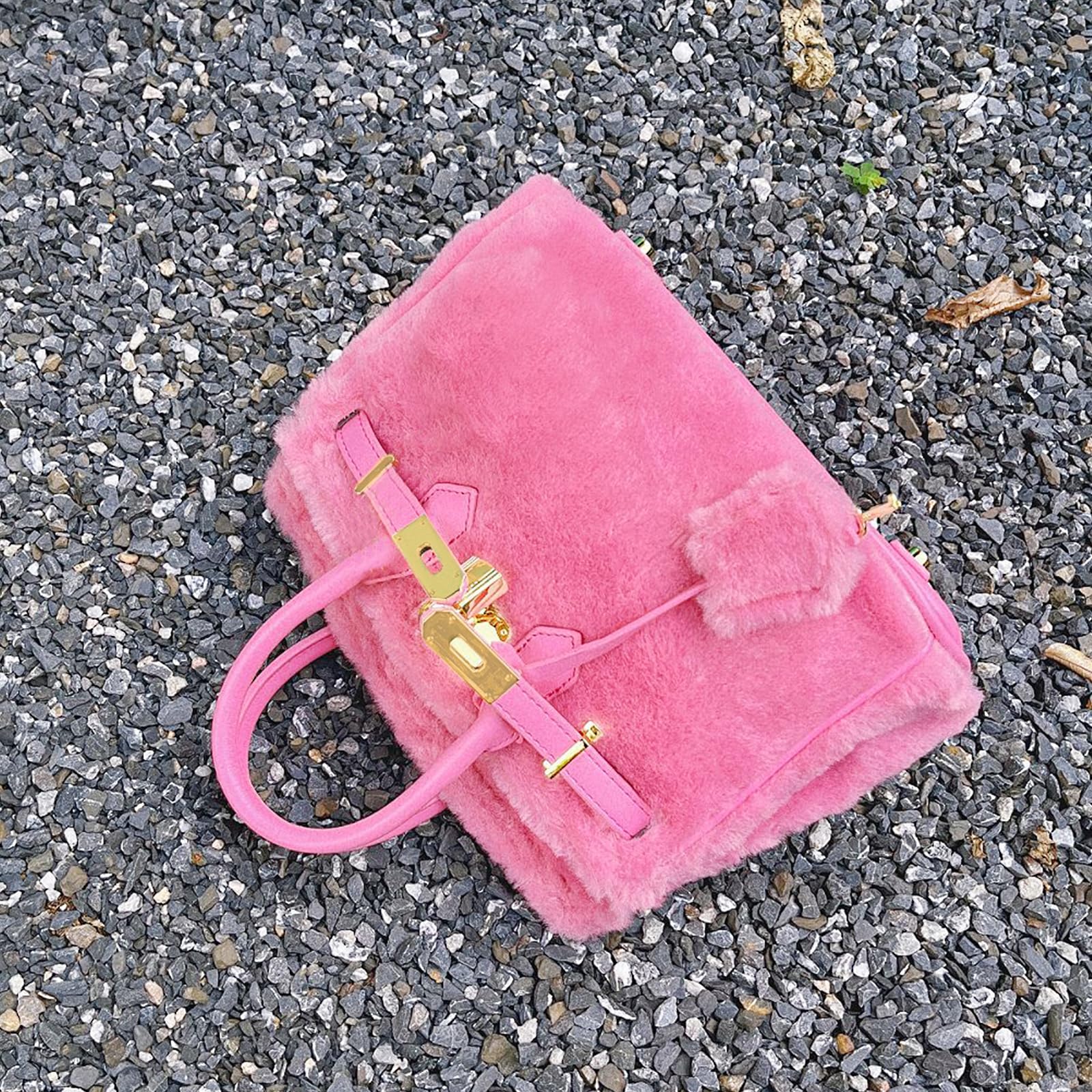 Women's Furry Pink Tote Bag - Large Capacity Crossbody Shoulder Bag with Lambswool Patchwork Leather - Perfect for Work, Travel & Daily Matching (12