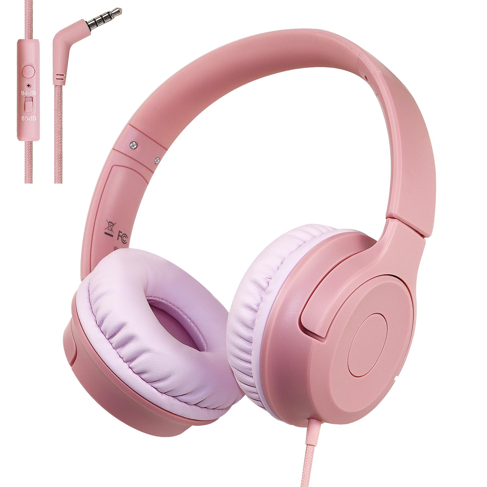 Kids Wired Headphones with Microphone - 85/94dB Safe Volume Limiter, Foldable Over-Ear Headset with 3.5mm Jack for Online Learning, Travel, School & Home Use - Compatible with iPad, Tablet, PC, Laptop - Pink (Ideal for Remote Classes, Gaming & Entertainment)