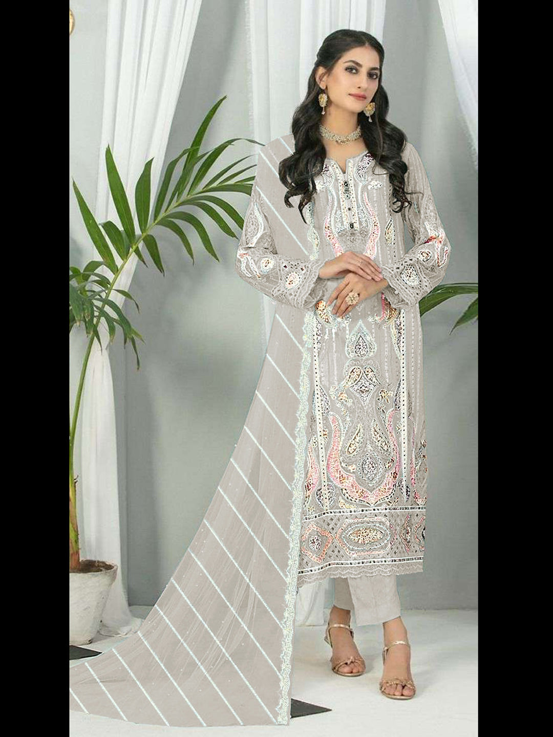 Elegant Beige Georgette Semi-Stitched Pant Suit with Embroidery & Sequins - Perfect for Weddings, Parties & Special Occasions