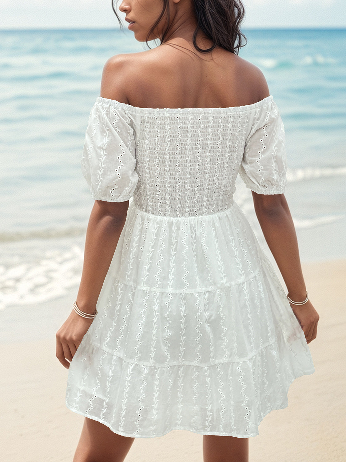 Smocked Eyelet Off Shoulder Mini Beach Dress - Floral Summer Sundress for Women, Boho Chic Vacation Outfit, Perfect for Beach Parties, Poolside Lounging & Tropical Getaways