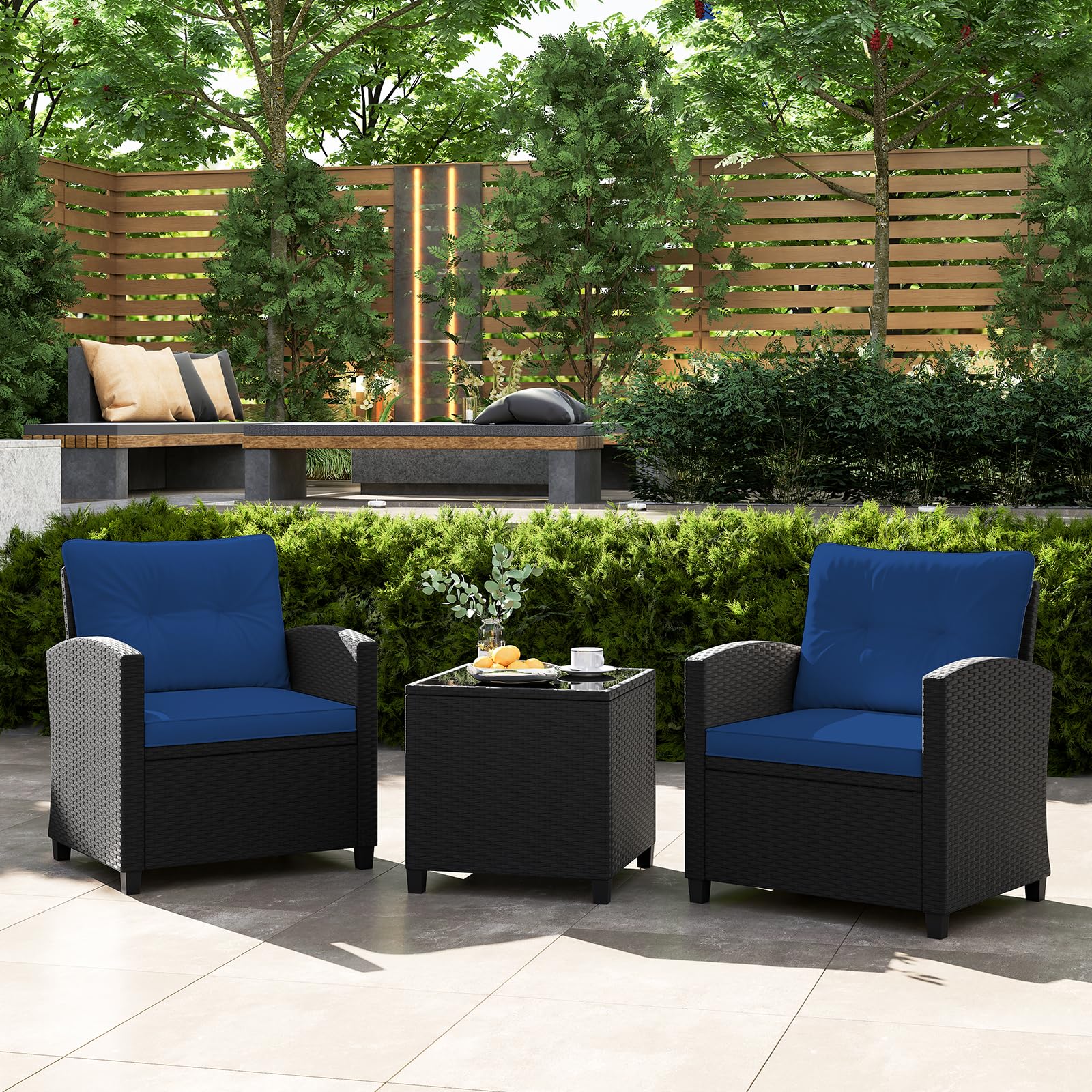 Tangkula 3-Piece Patio Furniture Set - Rattan Outdoor Conversation Set with Soft Cushions & Tempered Glass Coffee Table - Wicker Seating for Backyard, Porch, Poolside - Perfect for Relaxing, Entertaining & Outdoor Gatherings