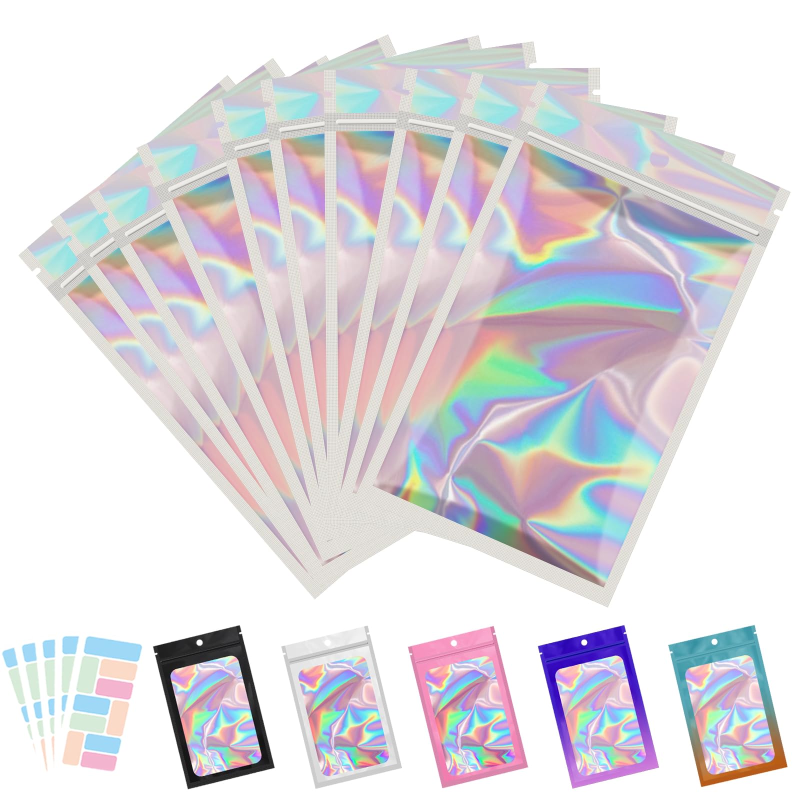 100 Pack Resealable Mylar Bags with Front Window - 6.3 x 9.4 Inch Holographic Food Storage Bags for Candy, Coffee, Tea & Snacks | Includes 100 Color Labels | Perfect for Small Business, Home Kitchen & Party Favors