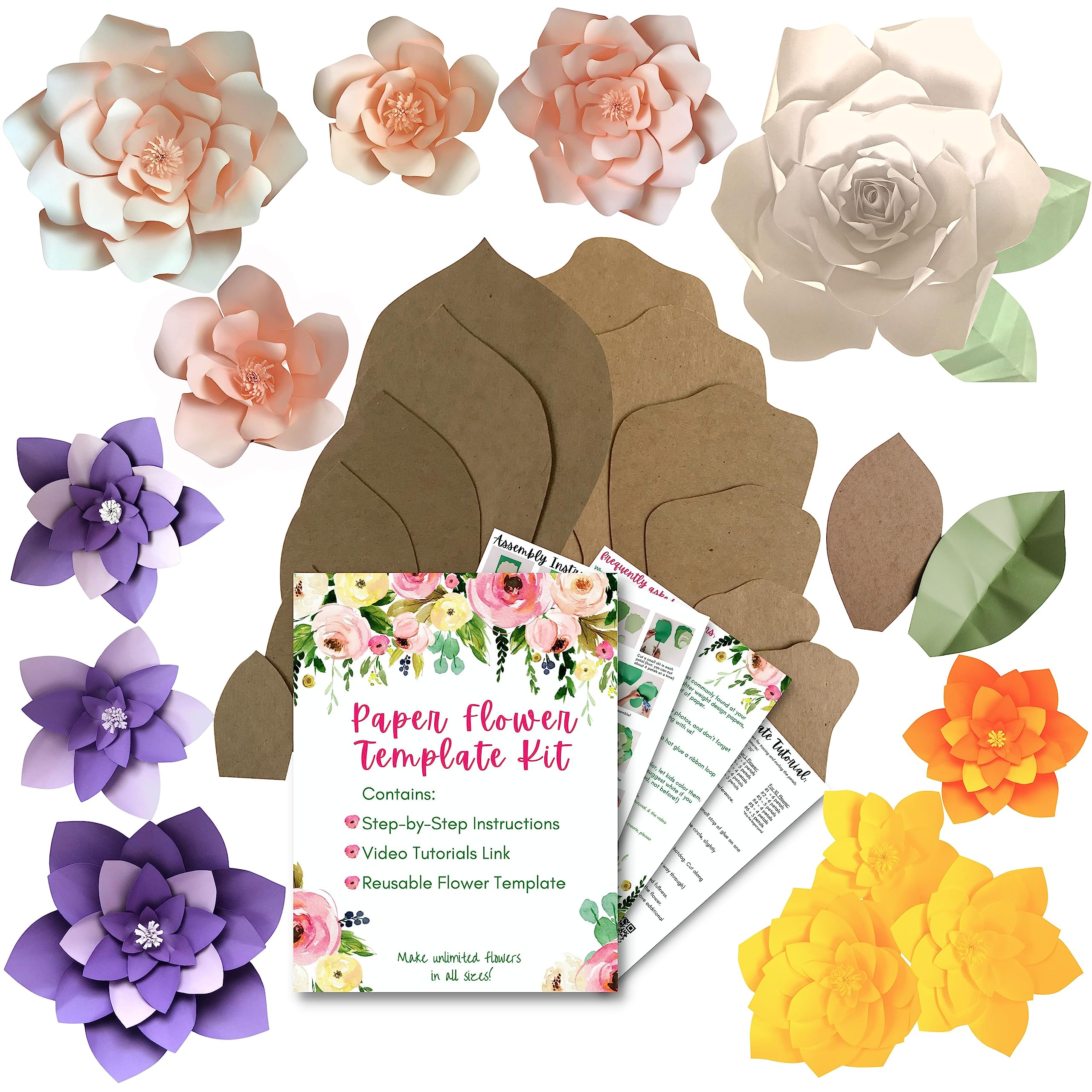 Little Miss Fairytale Daisy & Gardenia Paper Flower Kit Template - DIY Wall Decor, Backdrop Flowers with Leaves for Weddings, Baby Showers & Home Decoration