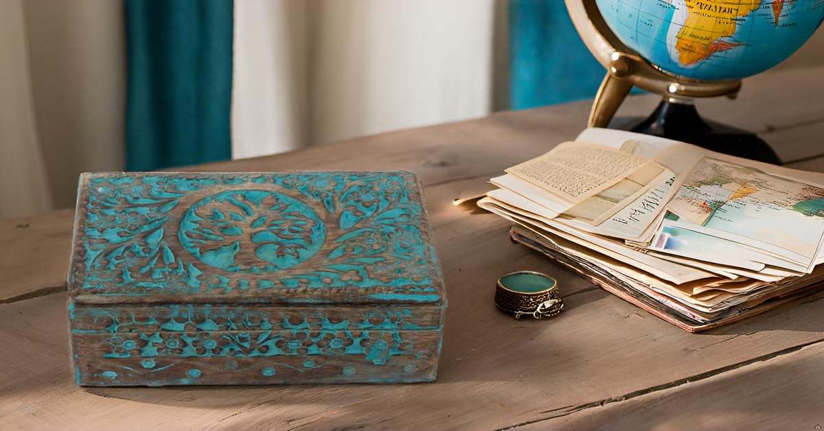 Handmade Wooden Jewelry Box with Tree of Life Carving - Jewelry Organizer, Keepsake Box, Watch Storage - Perfect Birthday, Housewarming Gift for Women (Blue) - Great for Bedroom Vanity, Travel & Wedding Jewelry Storage