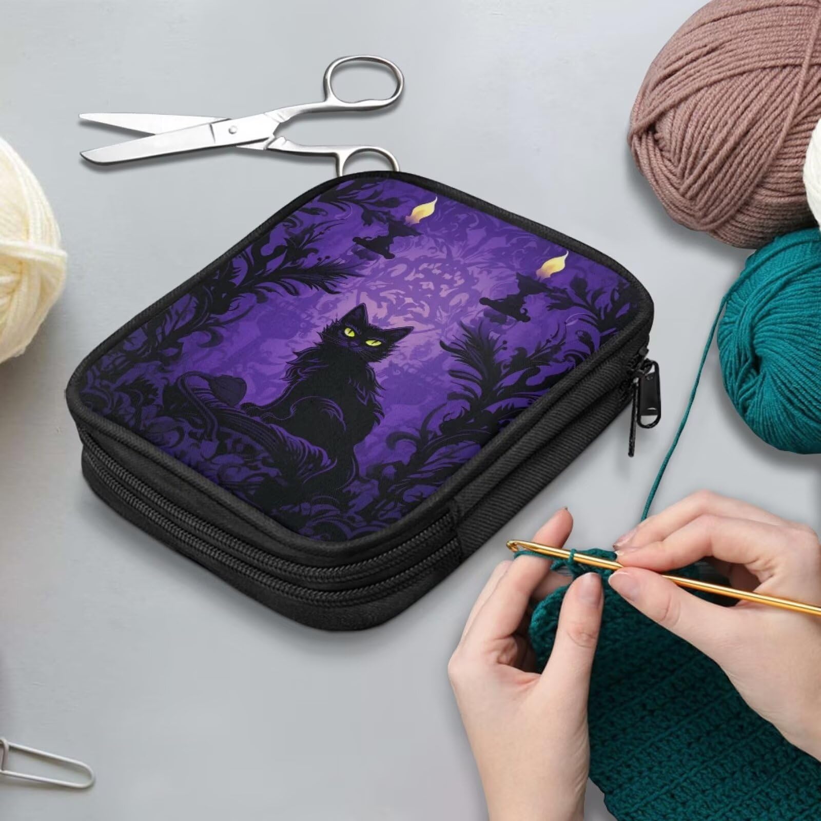 Premium Black Cat Crochet Hook Case - Portable Knitting Needle Organizer with Mesh Pockets & Zippered Compartments | Perfect for Crochet Hooks, Knitting Needles & Accessories | Ideal for Travel, Crafting & Yarn Storage