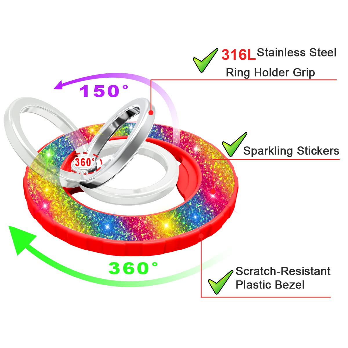 Magnetic Phone Ring Holder Grip for iPhone 15 14 13 12 - Magsafe Compatible, Removable for Wireless Charging, Collapsible Kickstand, Rainbow Color - Perfect for Hands-Free Viewing, Gaming and Video Calls