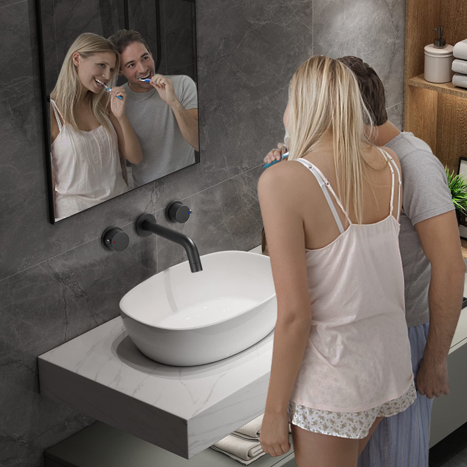 Black Wall Mount Faucet - Double Handle 3 Hole Bathroom Sink Faucet with Rough-in Valve - Perfect for Modern Lavatory Basins and Tub Installations