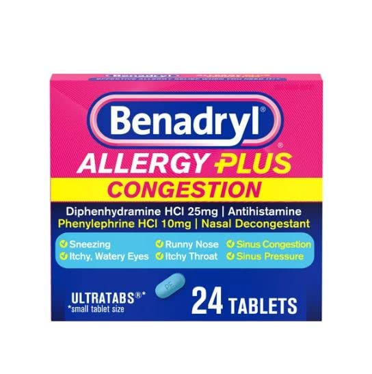Benadryl Allergy Plus Congestion Ultra Tablets - 24 Count (Pack of 12) | Fast-Acting Allergy & Sinus Relief for Adults | Daytime & Nighttime Use at Home, Work, or Travel