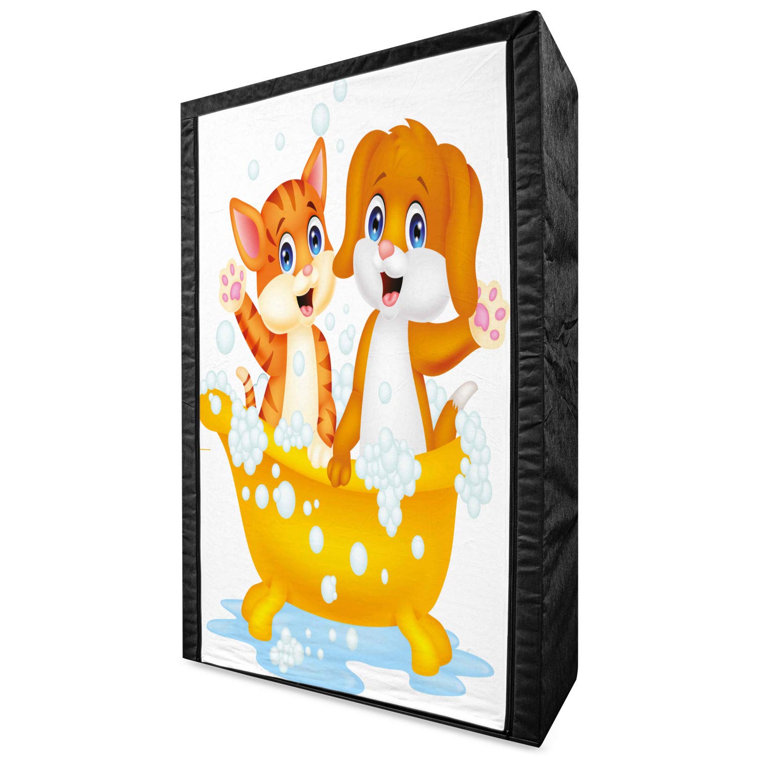 Ambesonne Animal Portable Fabric Wardrobe - Cartoon Cat & Dog in Bathtub with Bubbles Design, 42.5 Inch Clothing Organizer with Shelves for Bedroom Storage (Yellow Brown Blue) | Perfect for Kids' Room, Dormitory & Small Space Organization