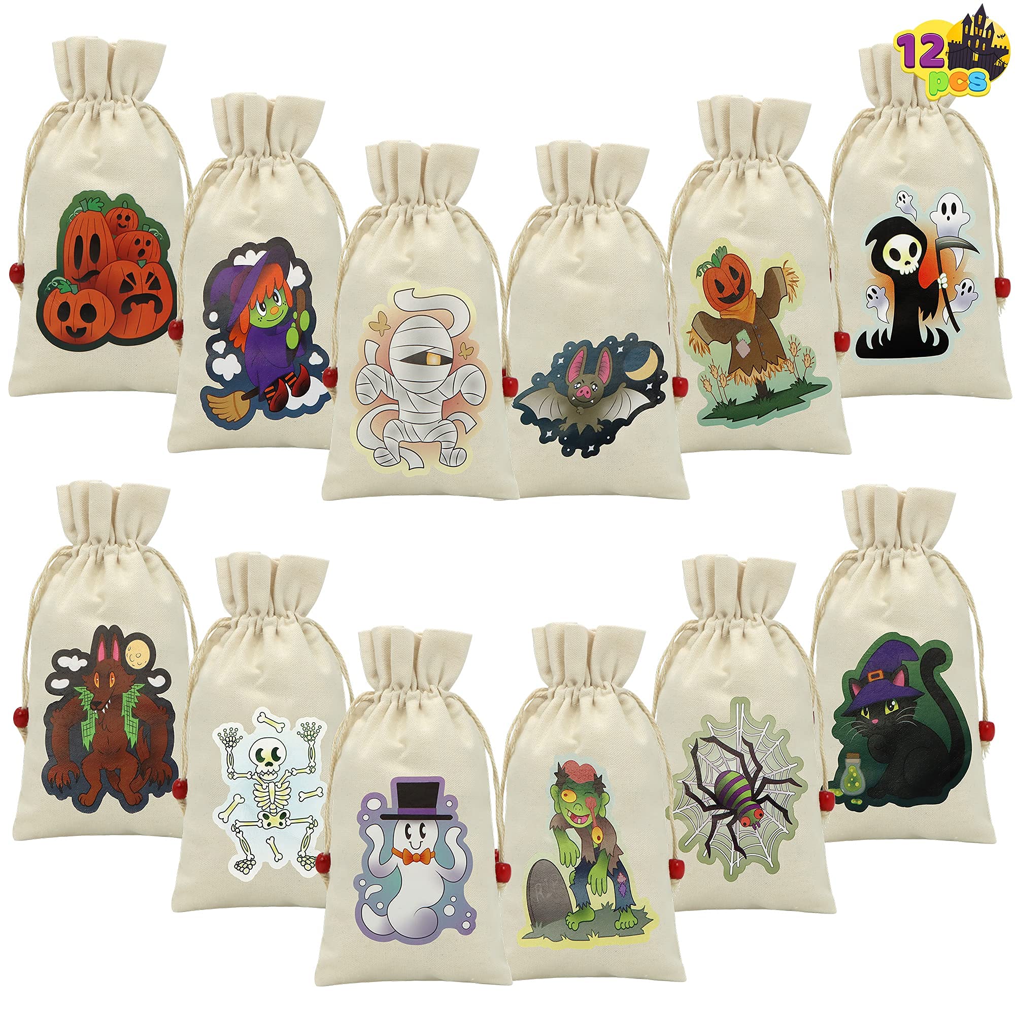 JOYIN 12 Pack Halloween Drawstring Canvas Bags, 8.5