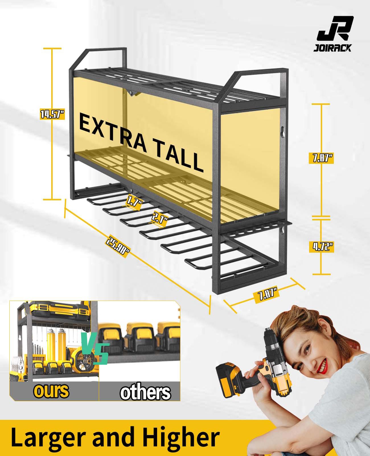Heavy Duty Wall Mount Power Tool Organizer - 7 Drill Holders & 3-Tier Storage Rack (26 Inch) for Garage, Workshop & DIY Projects - Perfect Tool Organization Gift for Men & Husband