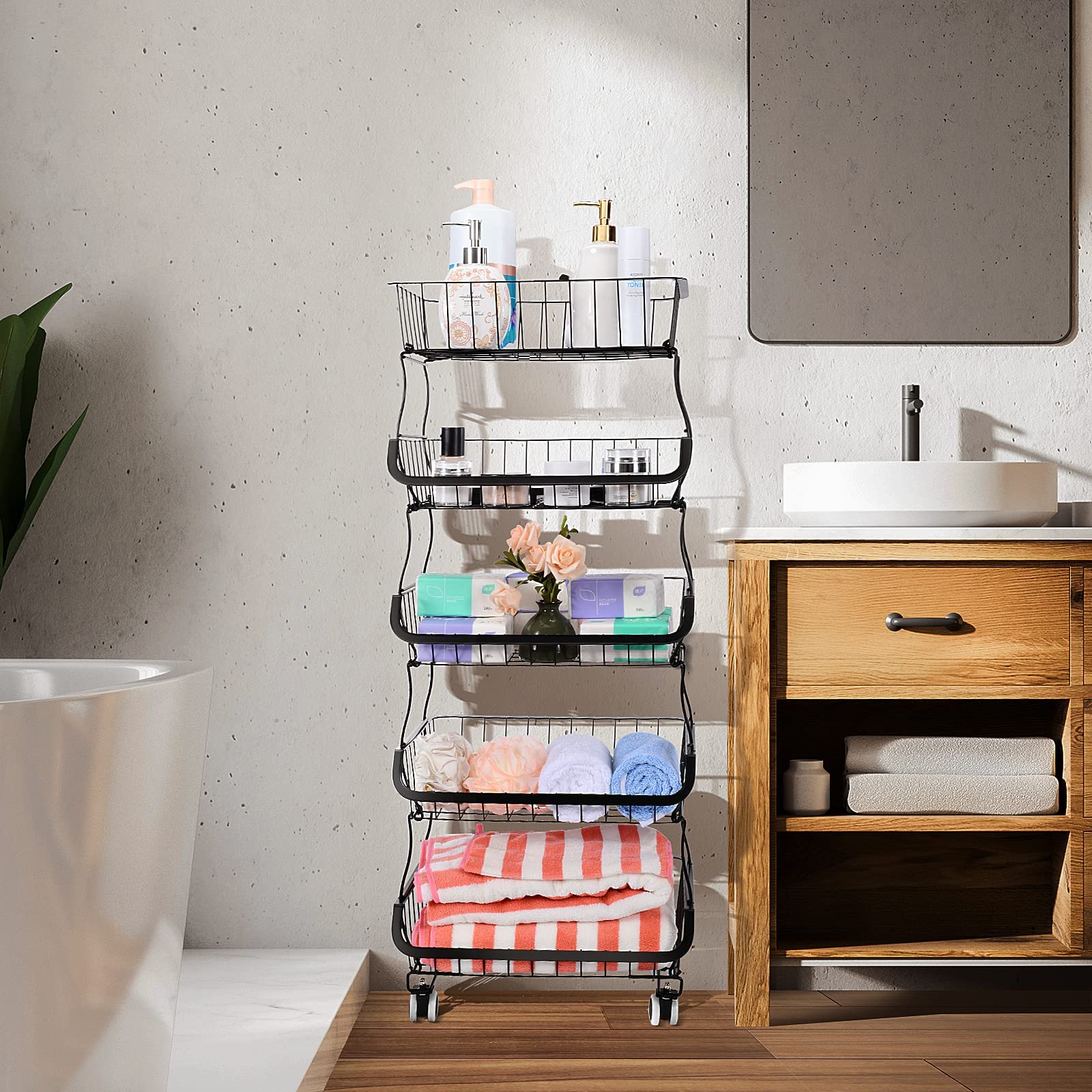5-Tier Stackable Metal Wire Storage Basket with Wheels - Fruit & Vegetable Organizer for Kitchen, Pantry, Bathroom - Perfect for Fresh Produce Storage, Grocery Organization, and Home Decor