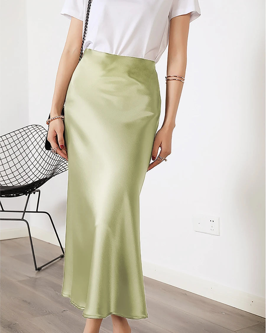 Elegant Silk Midi Skirts for Women - Stretchy Elastic Waistband, Flowy A-Line Design - Perfect for Office Wear, Date Nights & Special Occasions