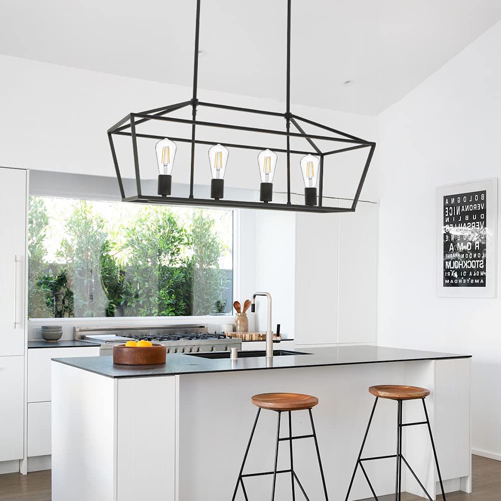 VINLUZ 4-Light Black Industrial Farmhouse Chandelier - Metal Linear Kitchen Island Pendant Light Fixture for Dining Room, Living Room, Stairway & Bar - Perfect for Modern Farmhouse, Loft & Industrial Style Decor