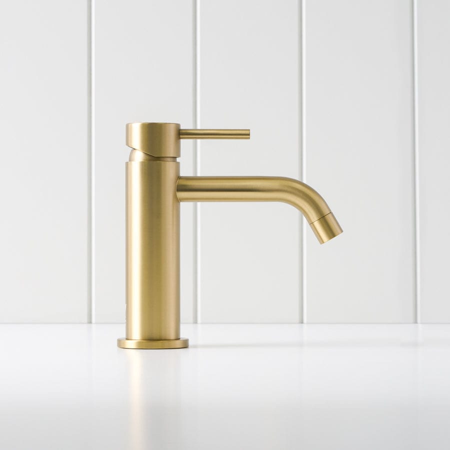 Sydney Short Basin Mixer in Brushed Brass - Modern Bathroom Faucet for Vanity Sinks, Powder Rooms & Guest Baths