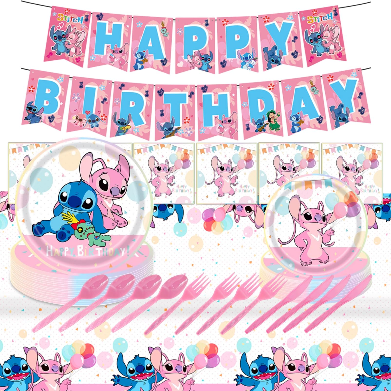 72PCS Stitch Birthday Party Supplies Kit - Pink Disney Stitch Decorations with Banners, Tablecloths, Napkins, 9in & 7in Plates, Cutlery Set (Forks, Knives, Spoons) - Perfect for Girls' Birthday Parties, Baby Showers & Themed Celebrations