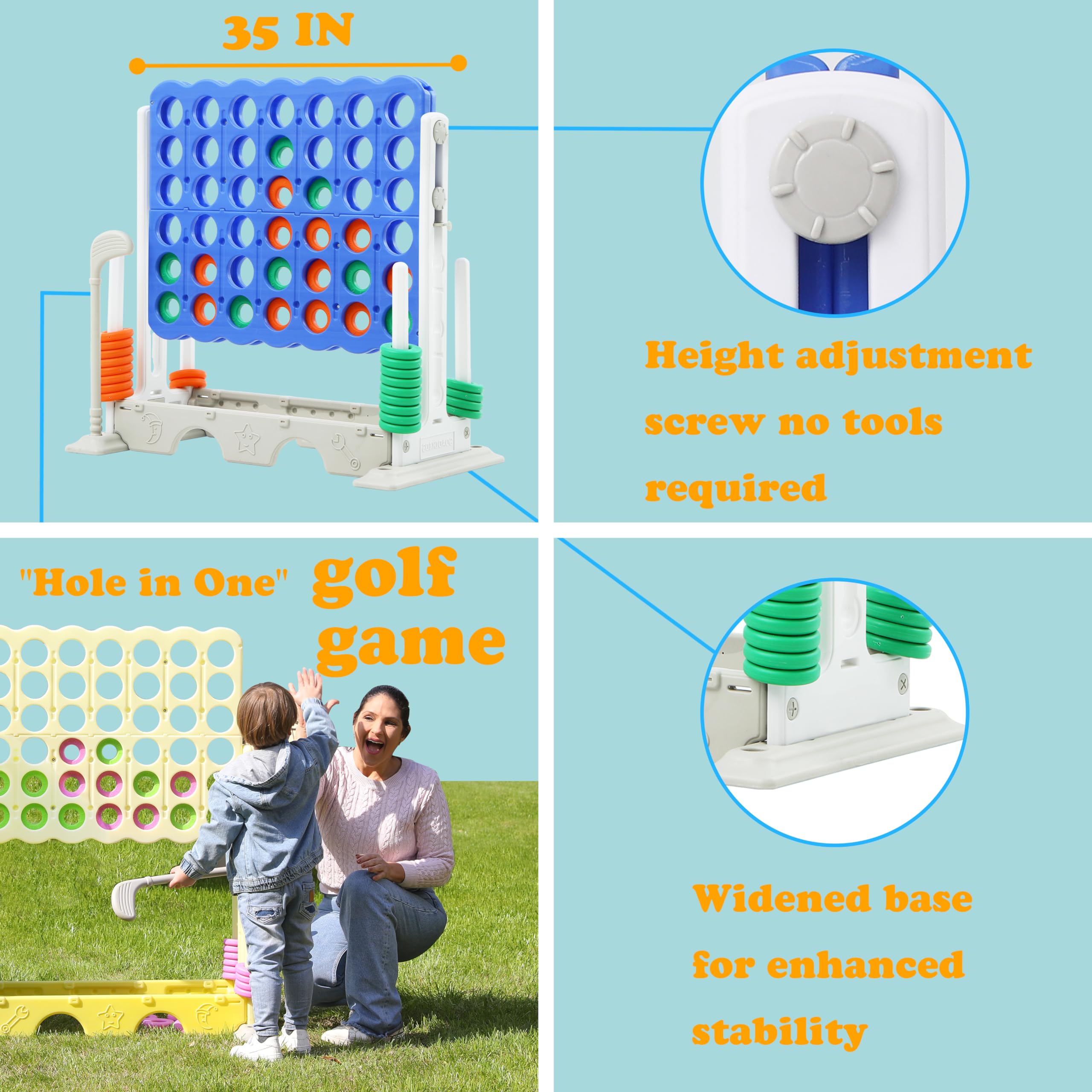 SDADI Adjustable Height Giant 4-in-a-Row Connect Game Set - 2-in-1 Jumbo 4-to-Score & Golf Party Game for Kids, Adults & Family - Indoor/Outdoor Backyard Lawn Games for Picnics, BBQs & Family Gatherings (White)