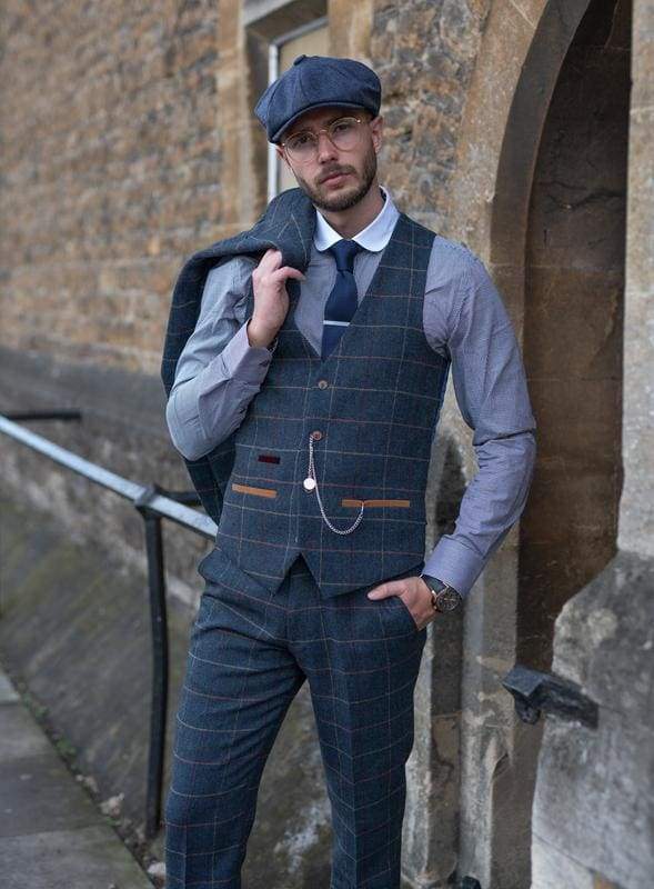 Marc Darcy Eton Men's Blue Slim Fit Tweed Check Suit Waistcoat Vest - Formal Business Attire for Weddings, Office & Special Occasions