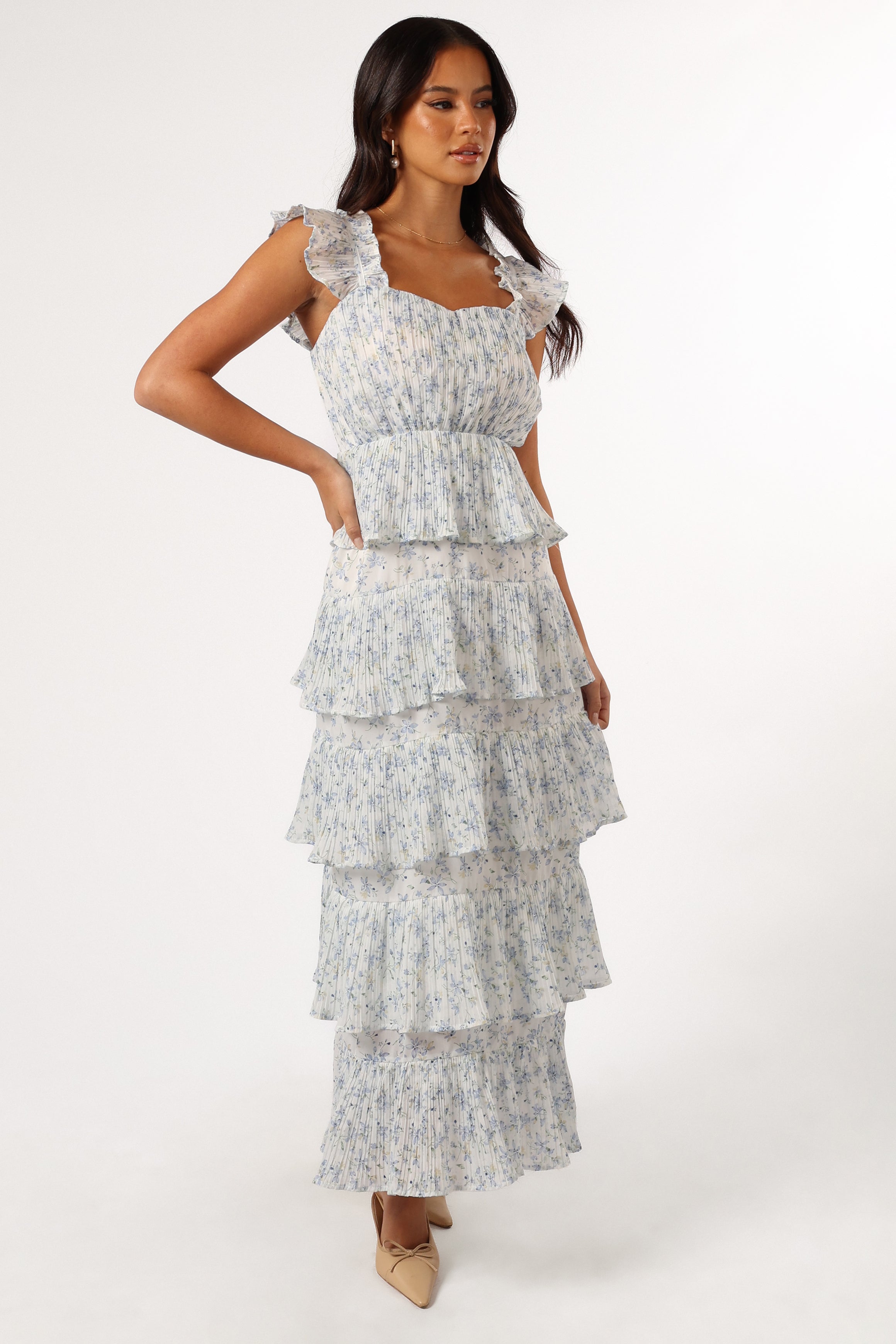 Cayson Midi Ruffle Dress for Women - Elegant Cream Lavender Flowy Summer Dress | Perfect for Weddings, Parties & Date Nights