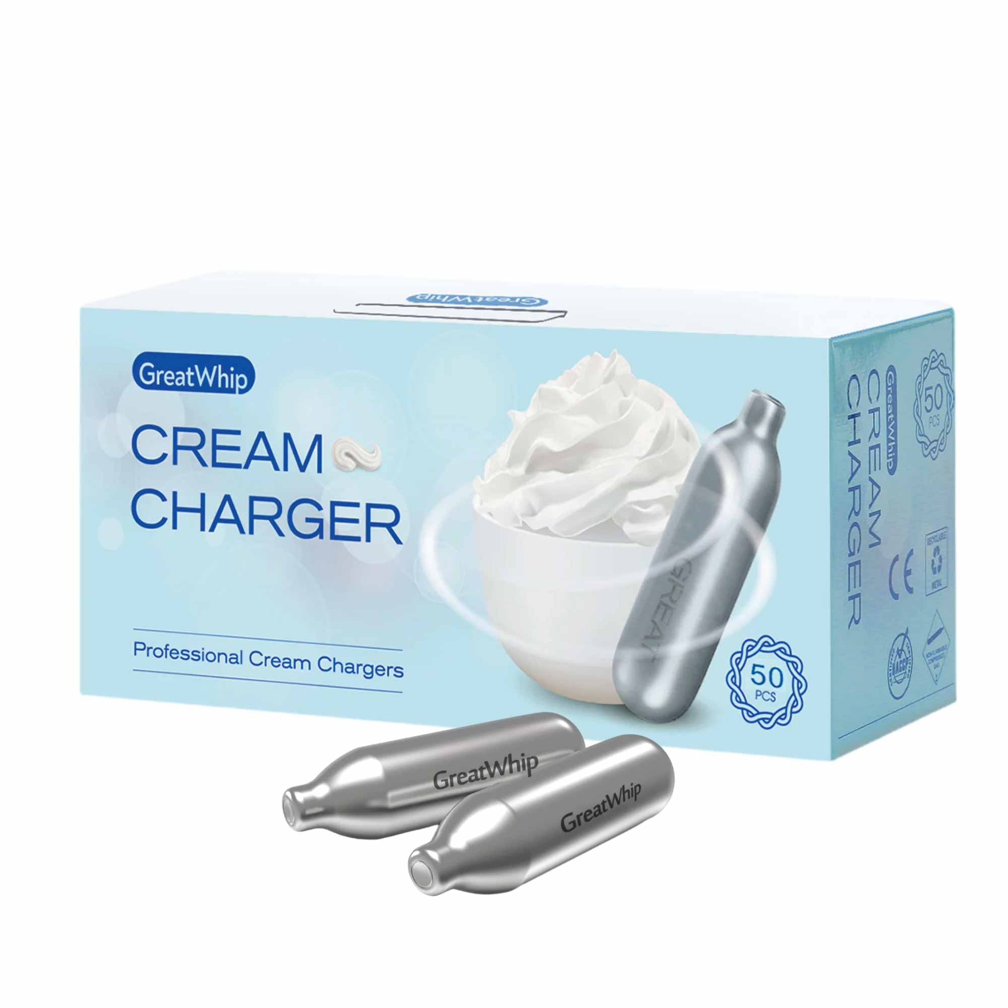 100-Pack GreatWhip NO2 Nitrous Oxide Cream Chargers - Food Grade Whipped Cream Canisters for Professional & Home Baking, Desserts, Coffee Toppings