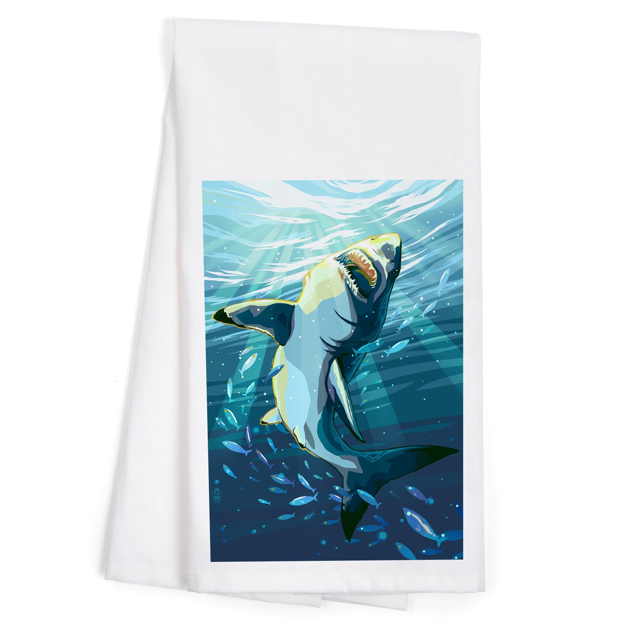 Stylized Great White Shark Tea Towel - 100% Cotton Decorative Hand Towel for Kitchen & Home - Perfect for Dish Drying, Gift Giving & Coastal Themed Decor
