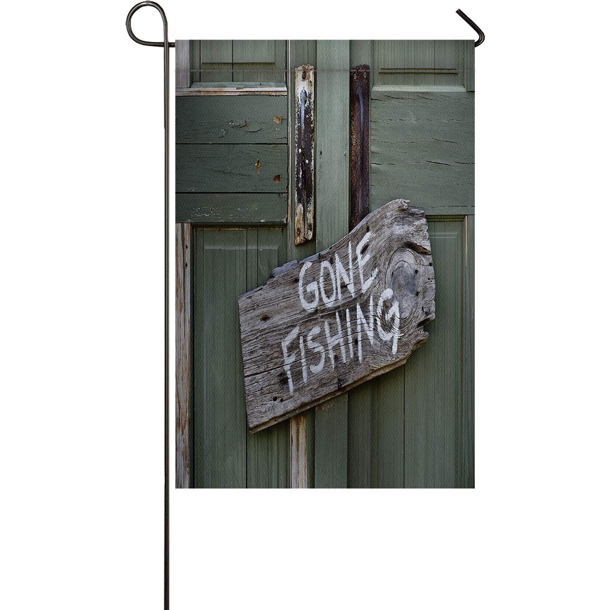 Premium Gone Fishing Mini Garden Flag - 12x18 Inch Outdoor Wooden Door Pattern Welcome Flag - Weather Resistant & Double Stitched Burlap Yard Decor for Patio, Porch and Garden Parties