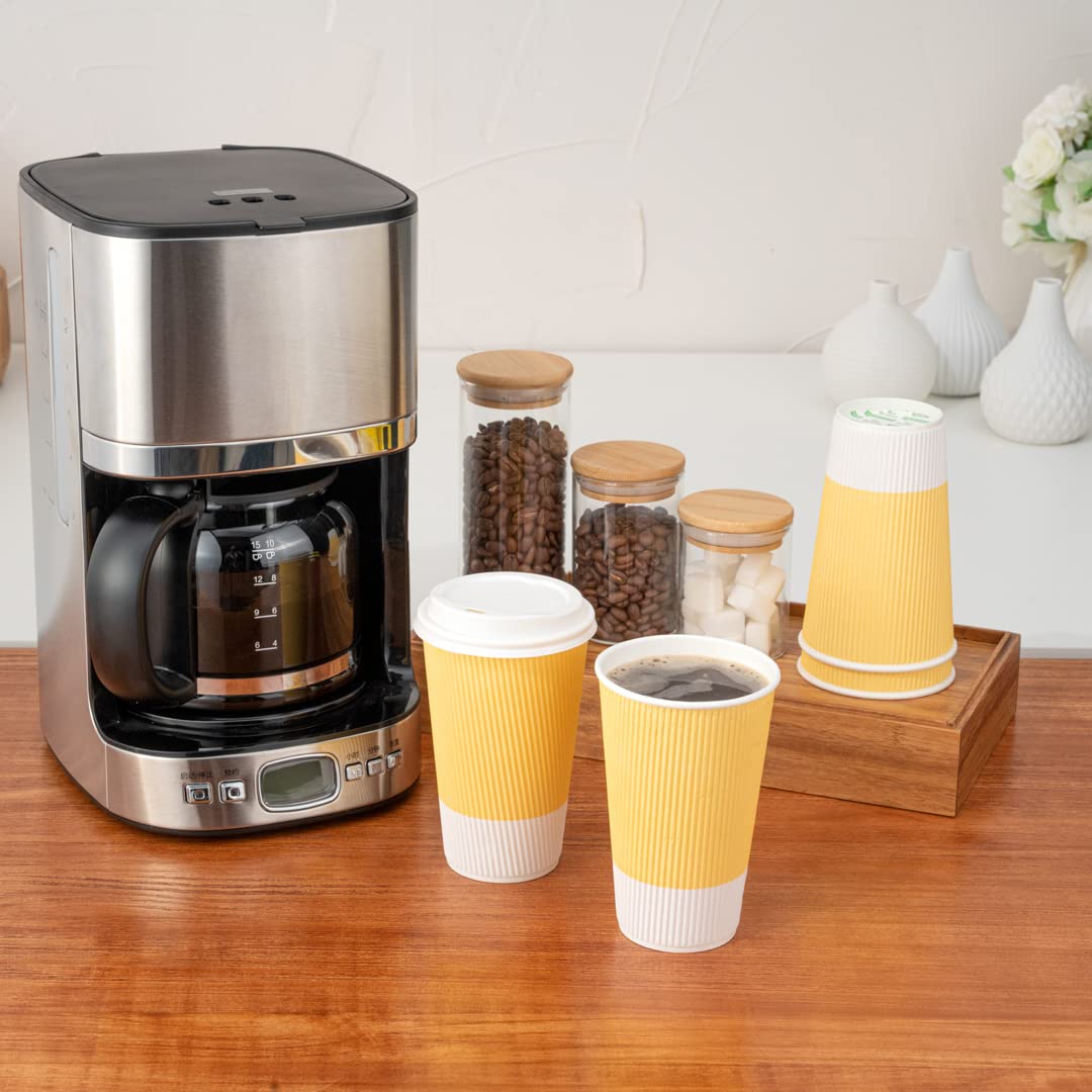 16oz Disposable Paper Coffee Cups - 25 Pack Leakproof & Insulated Ripple Wall Hot Cups | Eco-Friendly, Recyclable Light Yellow | Perfect for Restaurants, Cafes, Office Breakrooms & Home Use
