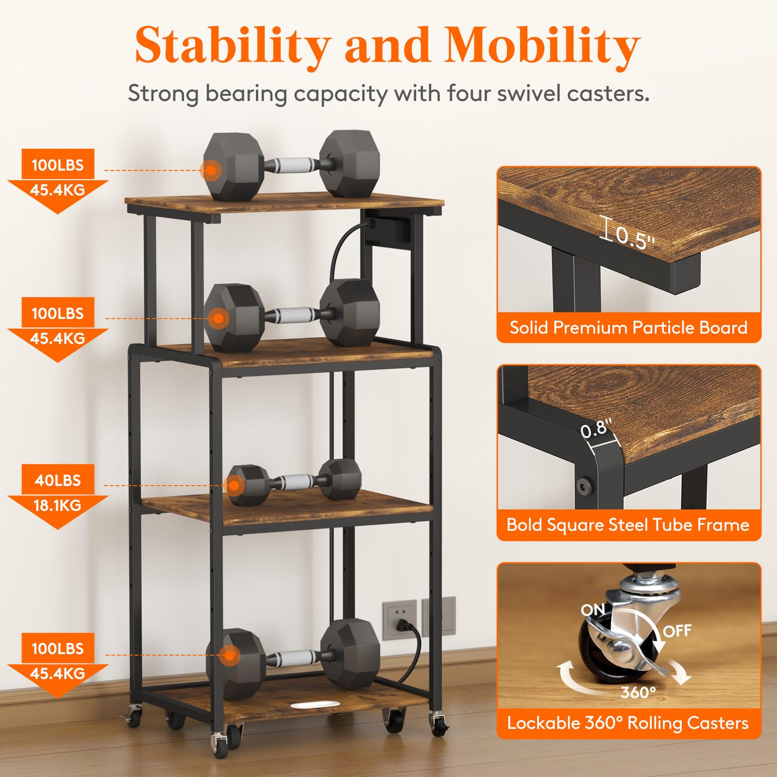 Lifewit 4-Tier Rolling Printer Stand with 3 Power Outlets, Adjustable Storage Shelf & Wheels - Mobile Office Organizer for Printer, Scanner, Fax Machine, Shredder - Rustic Brown Home Office Furniture for Small Spaces & Workspaces