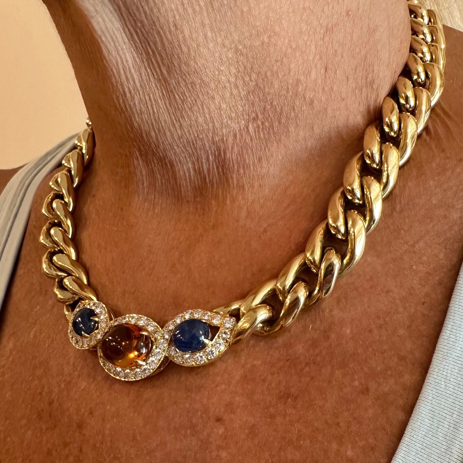 Bvlgari Bulgari 18k Yellow Gold Diamond Citrine Sapphire Link Necklace - Luxury Italian Jewelry for Women, Perfect for Weddings, Parties & Special Occasions