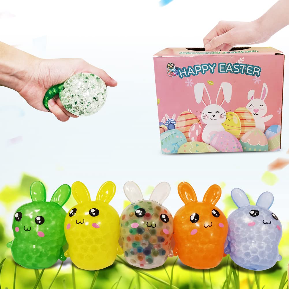 5 Pack Soft Easter Bunny Stress Balls for Kids & Adults - Water Bead Filled Sensory Fidget Toys for Stress Relief, Easter Basket Stuffers, Party Favors - Perfect for Classroom Rewards, Office Desk Decor & Anxiety Relief Gifts